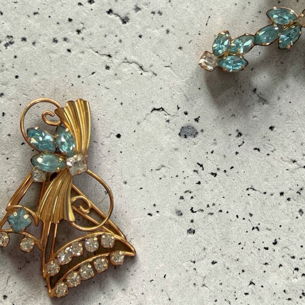 Vtg 12k Gold Filled Star Art Earrings Screw Back Blue/Clear Rhinestones & Pin